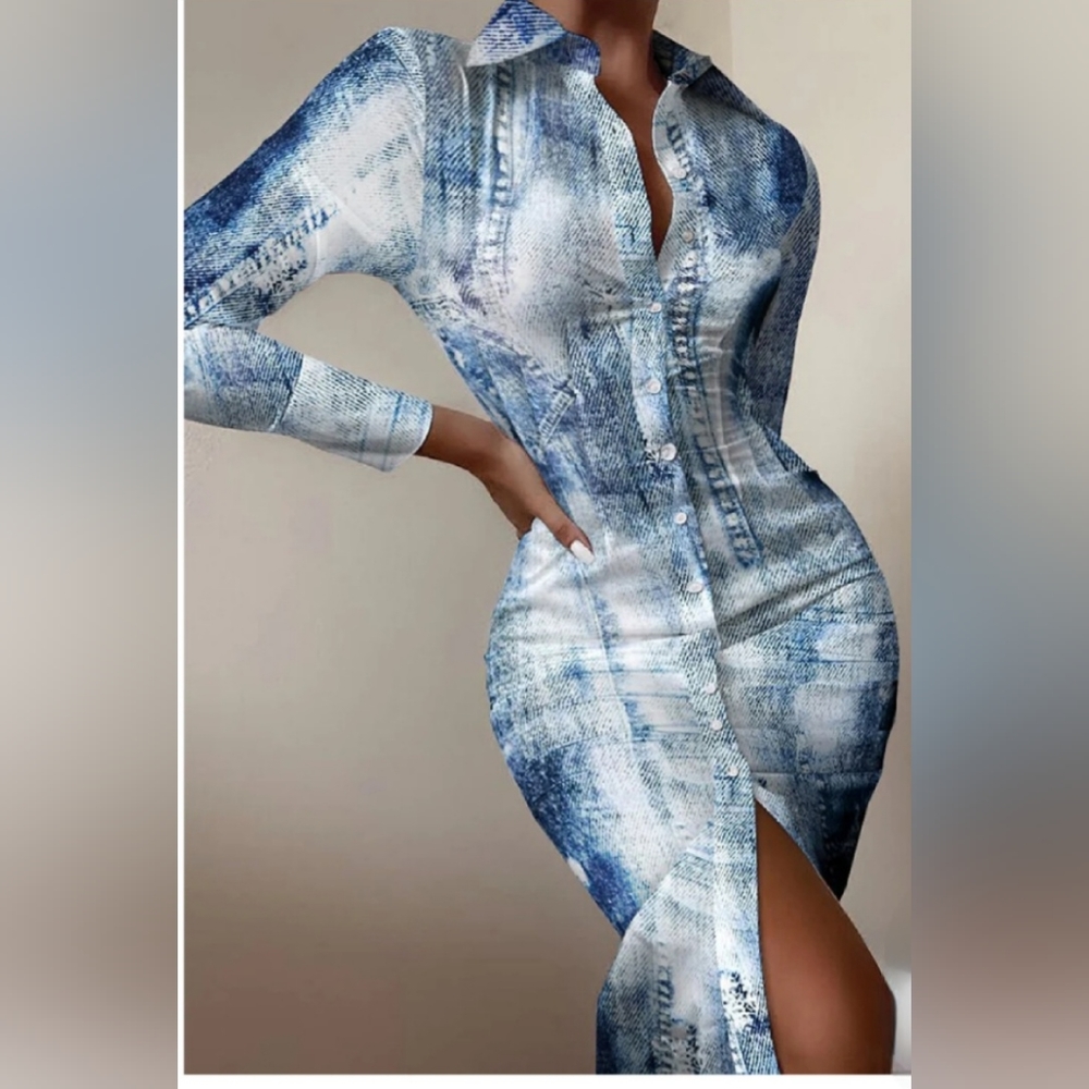Denim-pattern (faux) long-sleeve dress